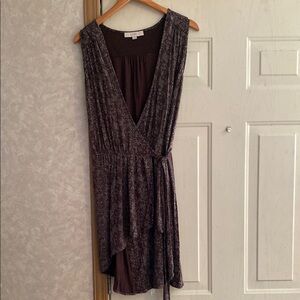 LOFT Gray and brown Wrap Tie Front Sundress Plunge‎ Neckline